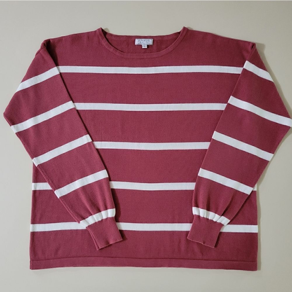 A Dip of Darling Women's Red Rust Stripe Crewneck Long Sleeve Pullover Sweater